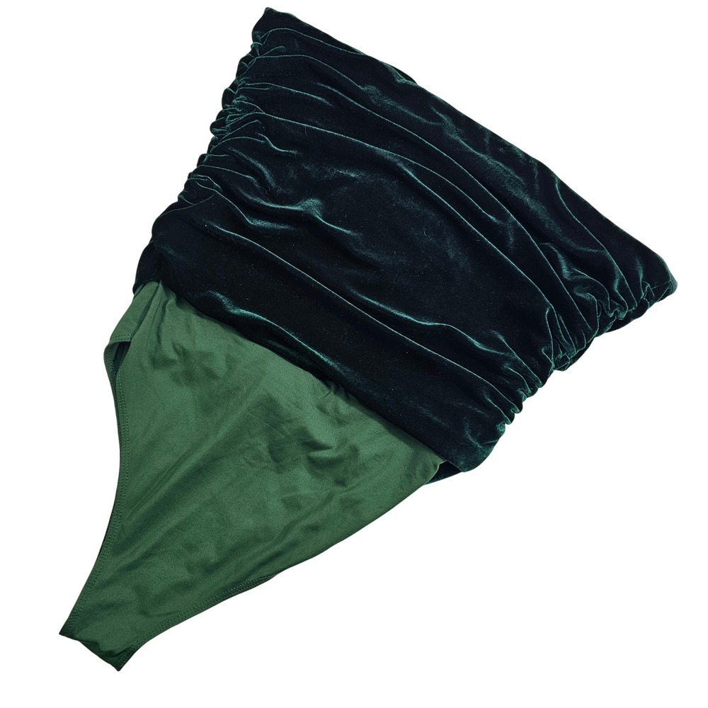 Fabrik Green Velvet Darling Ruched Bodysuit Women's L Neck Strap Tie 90s Revival - Picture 4 of 7